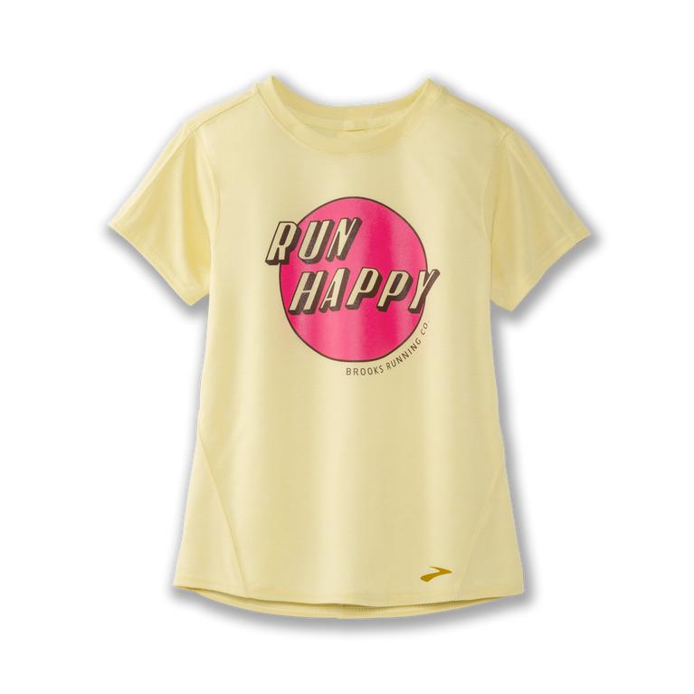 Brooks Distance Graphic tee Women's Short Sleeve Running Shirt - LightYellow/Sunsprite/Run Happy (34